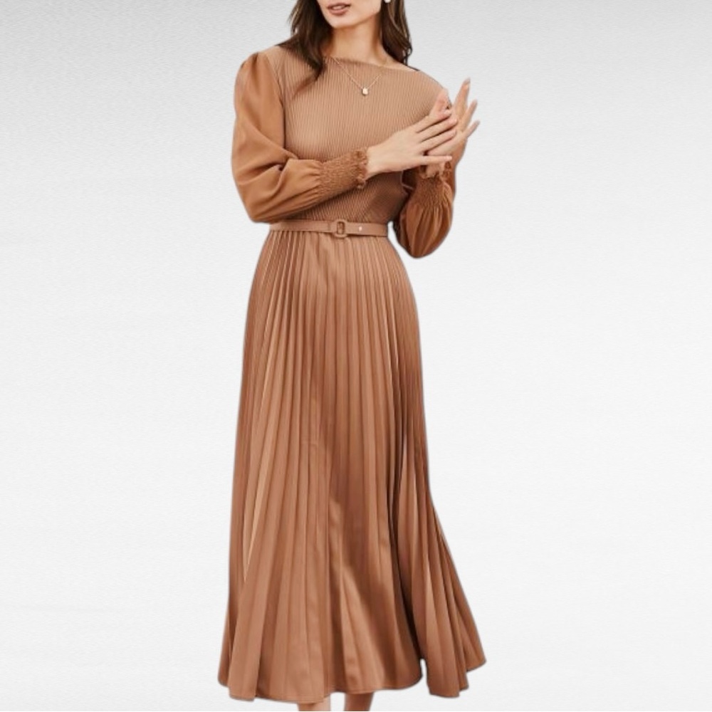 Chicwish | Tan Brown Elegant Full Pleated Sheer Long Sleeve Belted Midi Dress